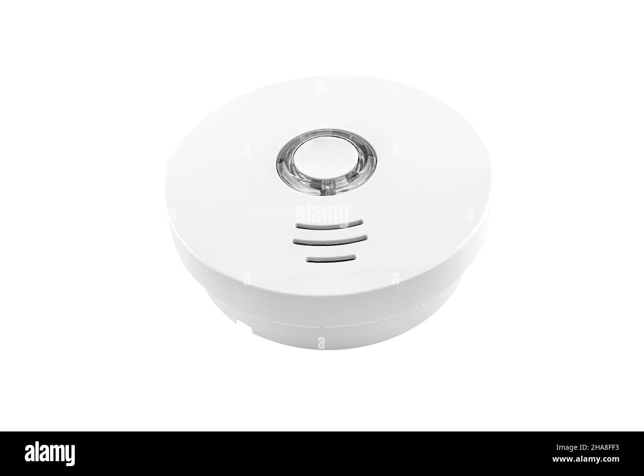 Rilevatore di fumo e monossido di carbonio montato a soffitto con LED centrale, isolato su sfondo bianco con percorso di taglio. Foto Stock