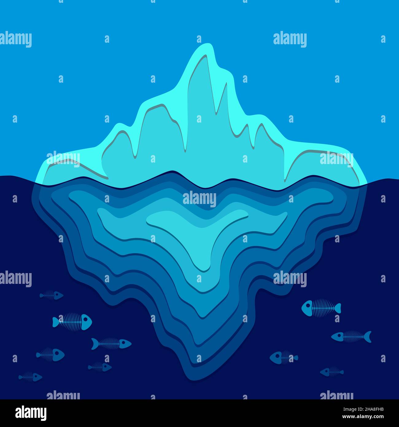 Sfondo vettoriale con iceberg e scheletri di pesce. Illustrazione a colori sul tema dell'ecologia. Illustrazione Vettoriale