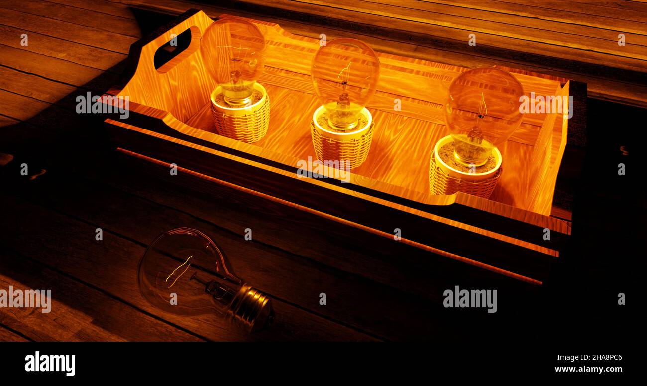 Lampadine in pentole su un vassoio di legno 3D rendering Foto Stock