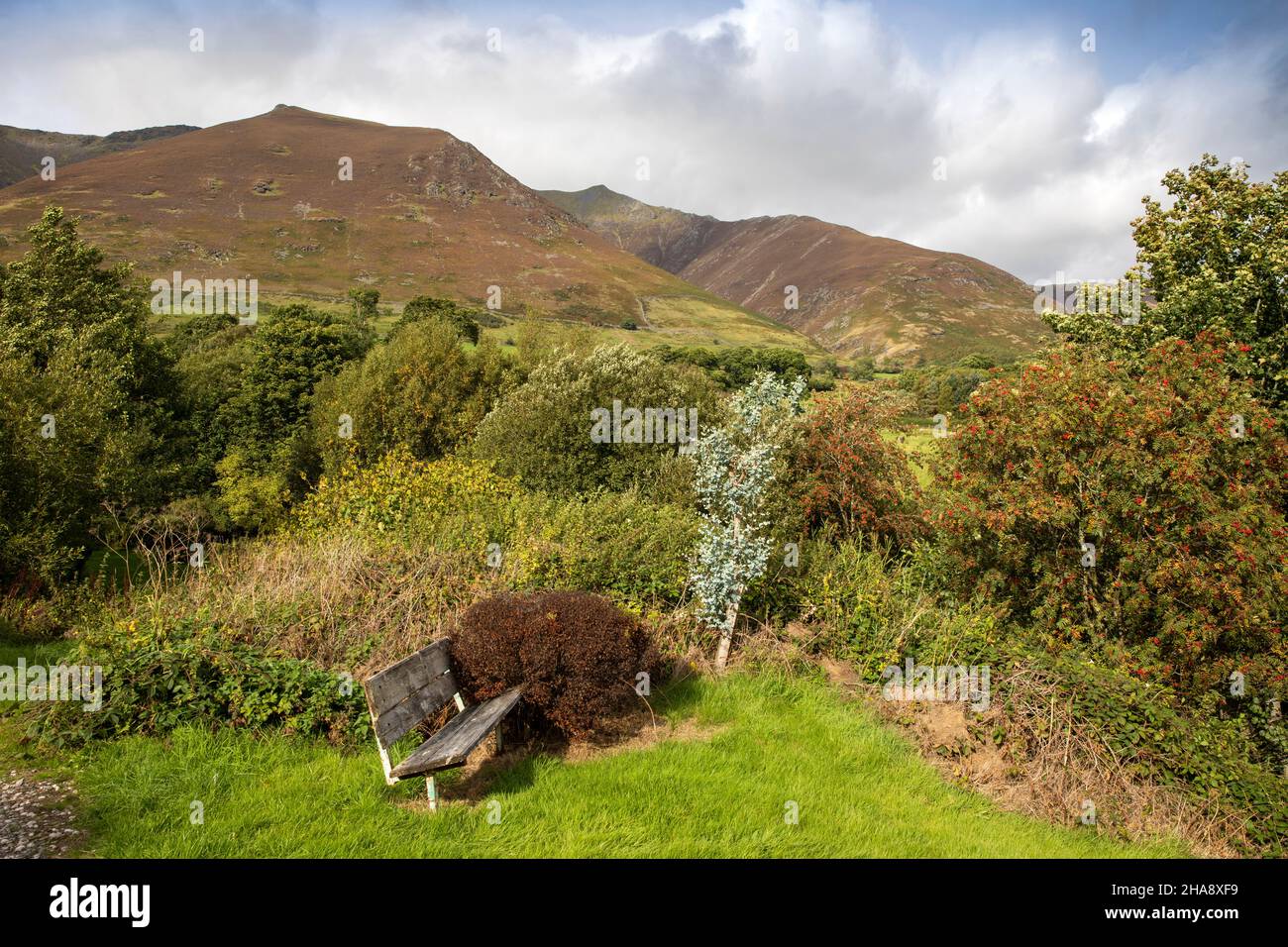 Regno Unito, Cumbria, Allerdale, Keswick, Threlkeld, Panca pubblica in giardino sotto la collina di Blenpathra ‘Saddleback’ Foto Stock