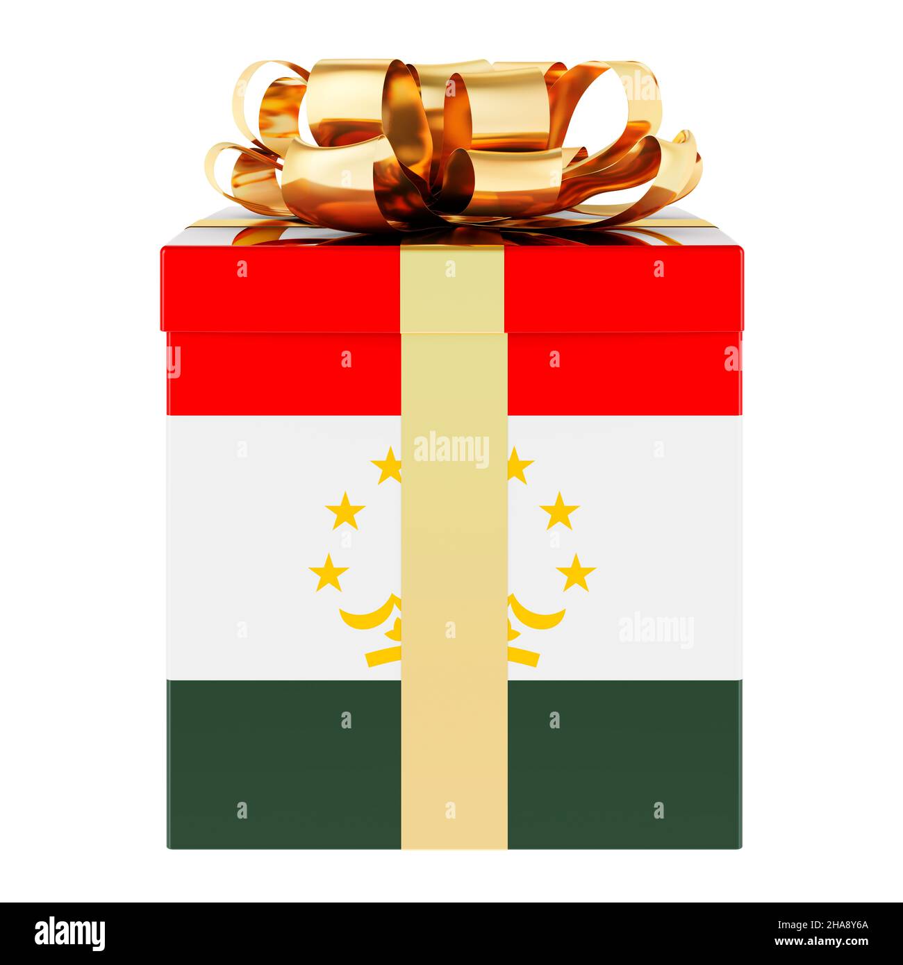 Confezione regalo con bandiera tagica. Vacanza in Tagikistan, concetto. 3D rendering isolato su sfondo bianco Foto Stock