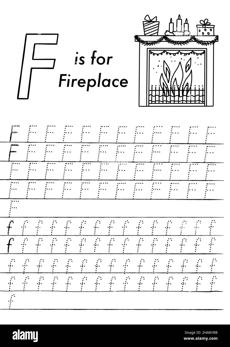 Foglio di lavoro per il tracciamento ABC di Natale e Capodanno. Semplice gioco educativo stampabile con immagini e lettere da colorare. I bambini imparano le pagine. Illustrazione Vettoriale