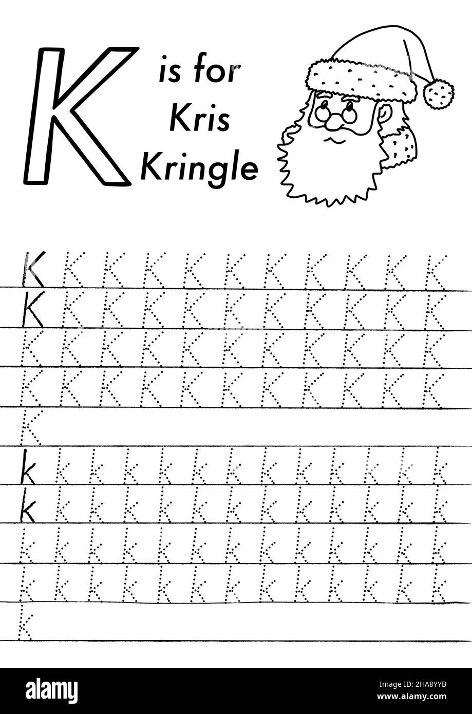 Foglio di lavoro per il tracciamento ABC di Natale e Capodanno. Semplice gioco educativo stampabile con immagini e lettere da colorare. I bambini imparano le pagine. Illustrazione Vettoriale