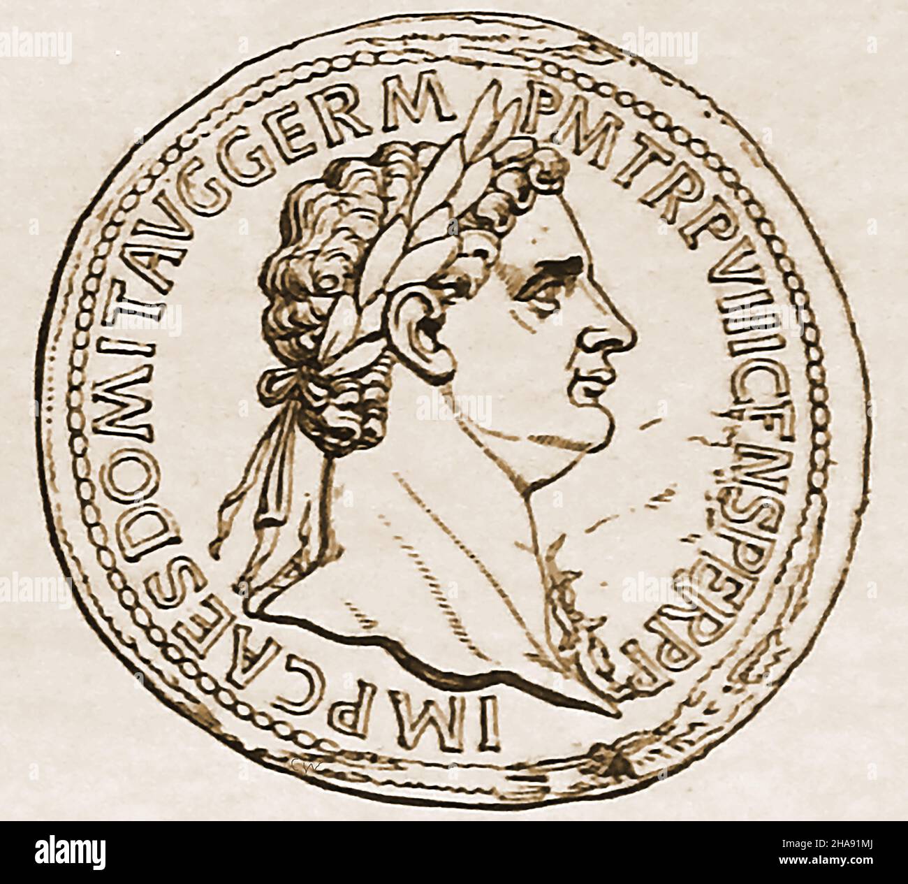Un ritratto di circa 81 d.C. su una moneta dell'imperatore romano Domiziano (Titis Flavio Domiziano Augusto) che fu imperatore romano dal 81 al 96. Era figlio di Vespasiano e fratello minore di Tito, fu assassinato da funzionari di corte nel 96AD Foto Stock