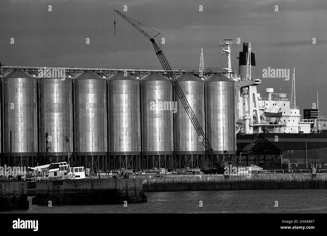 AJAXNETPHOTO. 1982. SOUTHAMPTON, INGHILTERRA. - DOCKLAND PAESAGGIO - ELEVATORI DI GRANO CON NAVE ORMEGGIATA ACCANTO. PHOTO:JONATHAN EASTLAND/AJAX REF:211811 14 Foto Stock