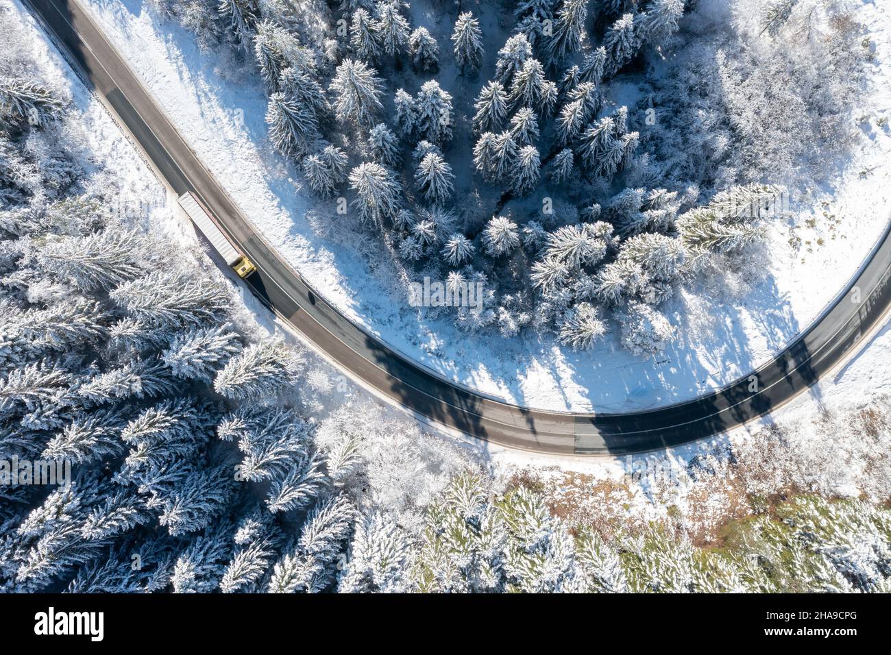 Auto su strada in inverno attraverso una foresta coperta di neve. Foto di alta qualità Foto Stock