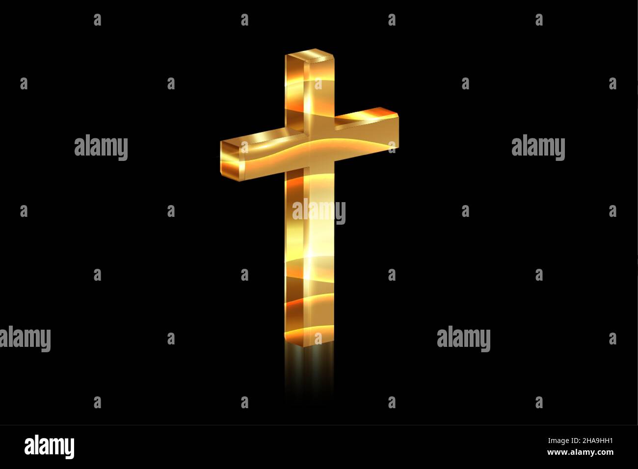 3D croce lucida oro di luce, croce lucida con tessuto di lamina d'oro, simbolo del cristianesimo. Simbolo di speranza e di fede. Illustrazione vettoriale isolata Illustrazione Vettoriale