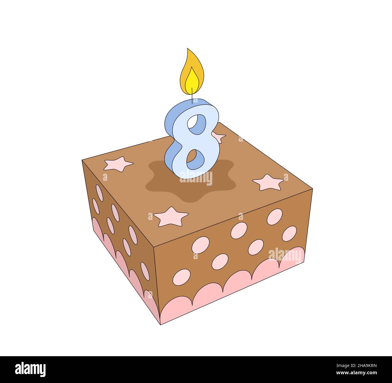 festeggiamo il 8th° compleanno o anniversario con una torta quadrata, 3d disegni colorati decorati con stelle Foto Stock