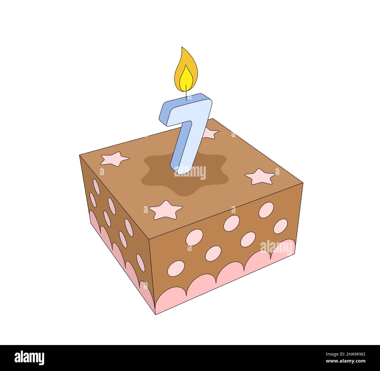 torta di compleanno o anniversario decorata con una candela numero 3d sette, illustrazione cibo festa isolato su sfondo bianco. vista prospettica Foto Stock