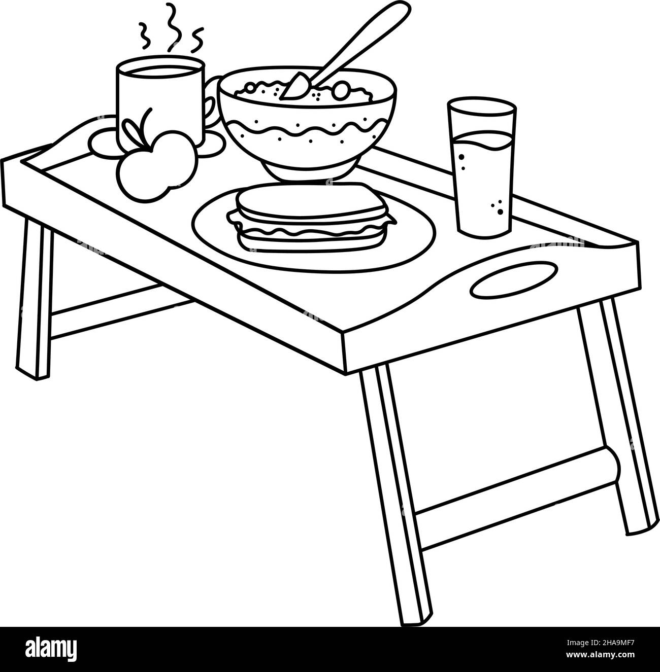 Tavolo per lavoro, colazione a letto o divano a casa o in hotel. Arredamento accogliente. Illustrazione vettoriale in stile doodle isolato sullo sfondo. Gustosa colazione Illustrazione Vettoriale