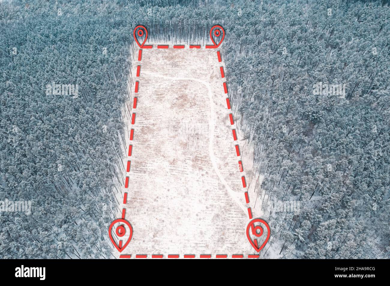 Un tracciato liberato di alberi nella riserva. Grafico GPS topografico di terreno per la vendita o la costruzione in foresta invernale. Terreno per lo sviluppo: Colpo di drone aereo. Foto Stock