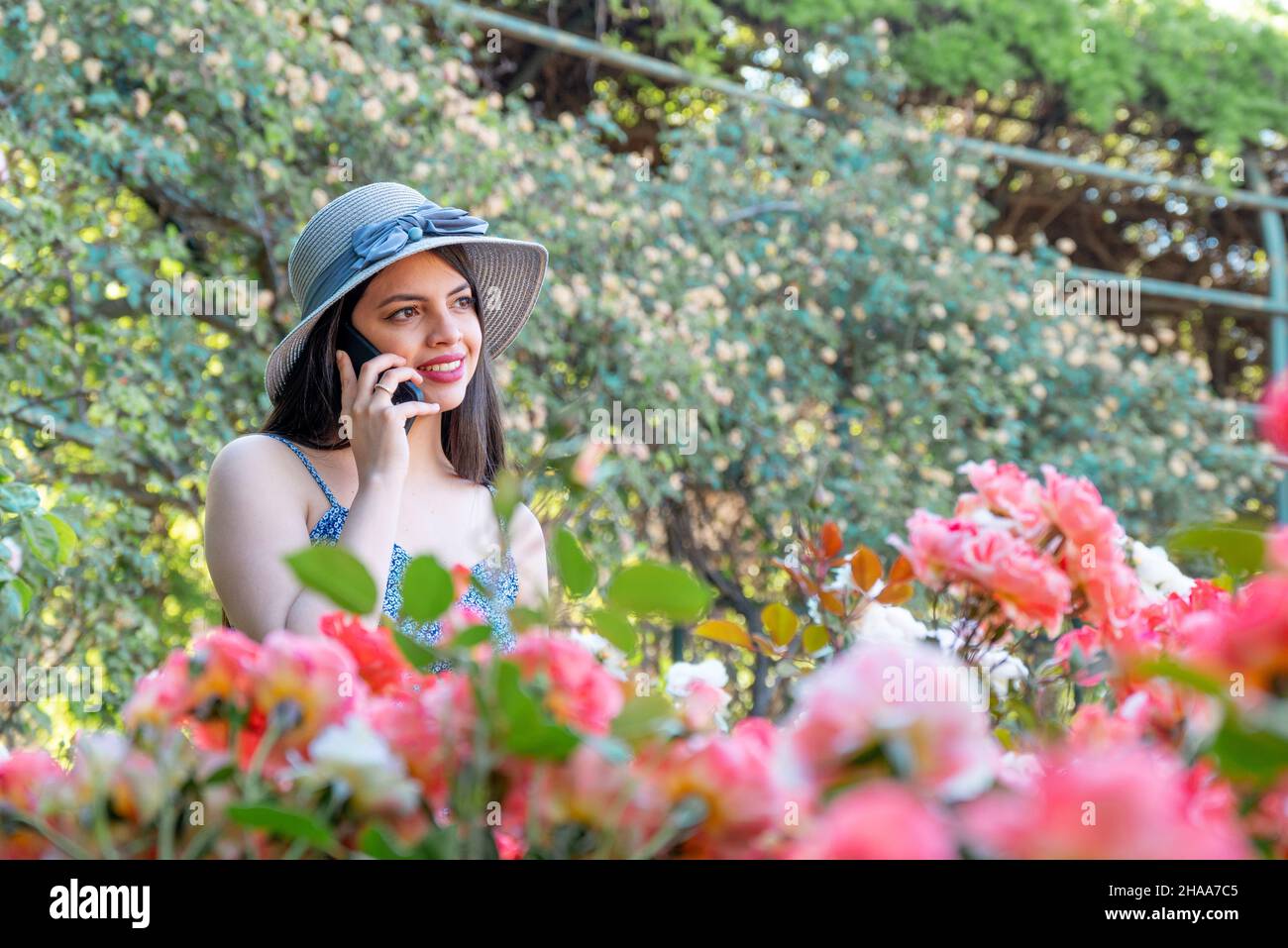Giovane donna che usa un telefono al parco durante la stagione estiva di primavera Foto Stock