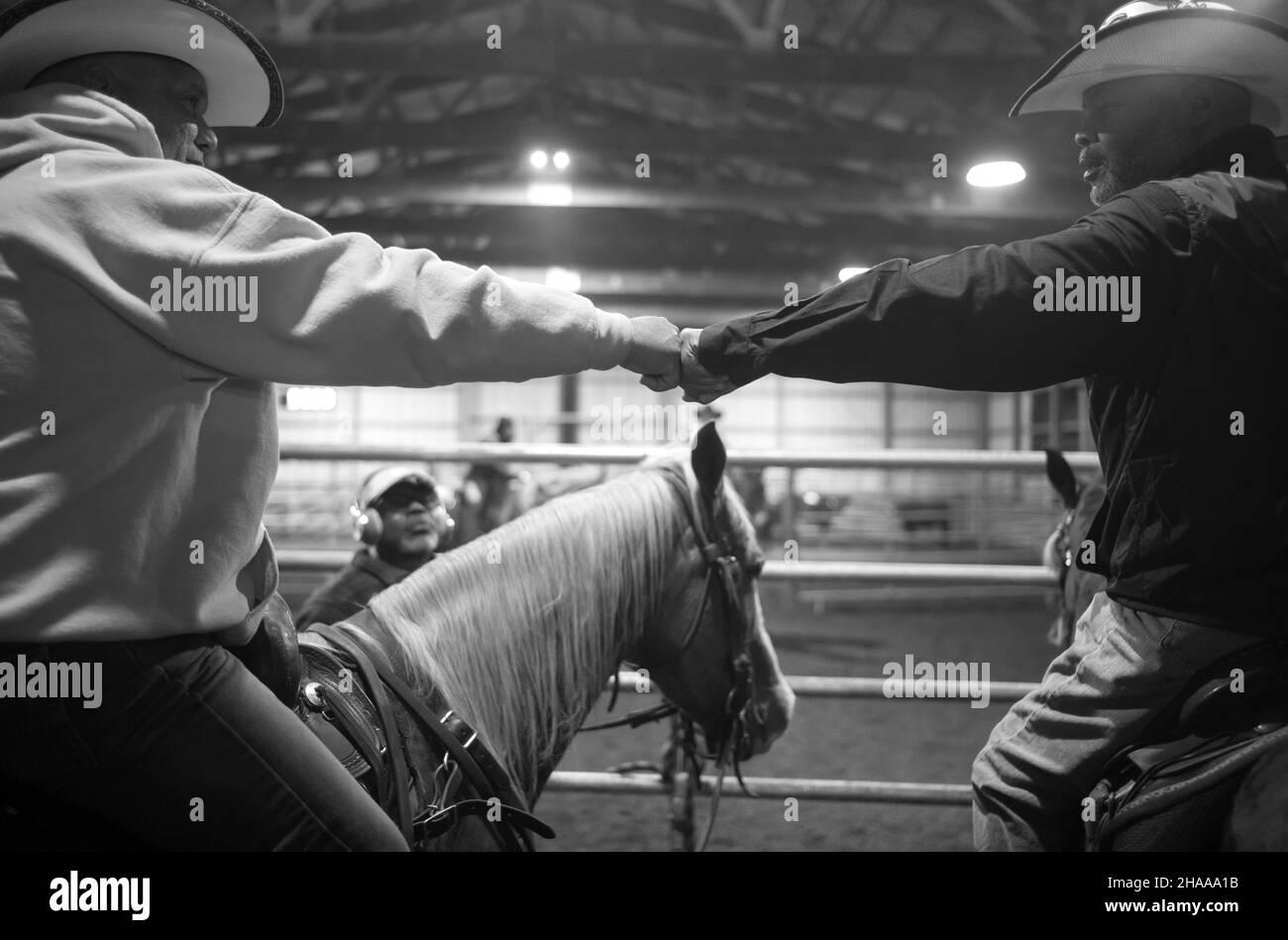 Waterford Works, New Jersey, USA. 10th Dic 2021. Jesse Tartt e Mista Morris, danno un bump durante il ranch smistamento campionati nazionali del New Jersey a Summer Jade Stables in Water Works, New Jersey venerdì 10 dicembre 2021. Morris ha vinto il primo posto con un altro membro del team Gavin Defarbrites. (Credit Image: © Brian Branch Price/ZUMA Press Wire) Foto Stock