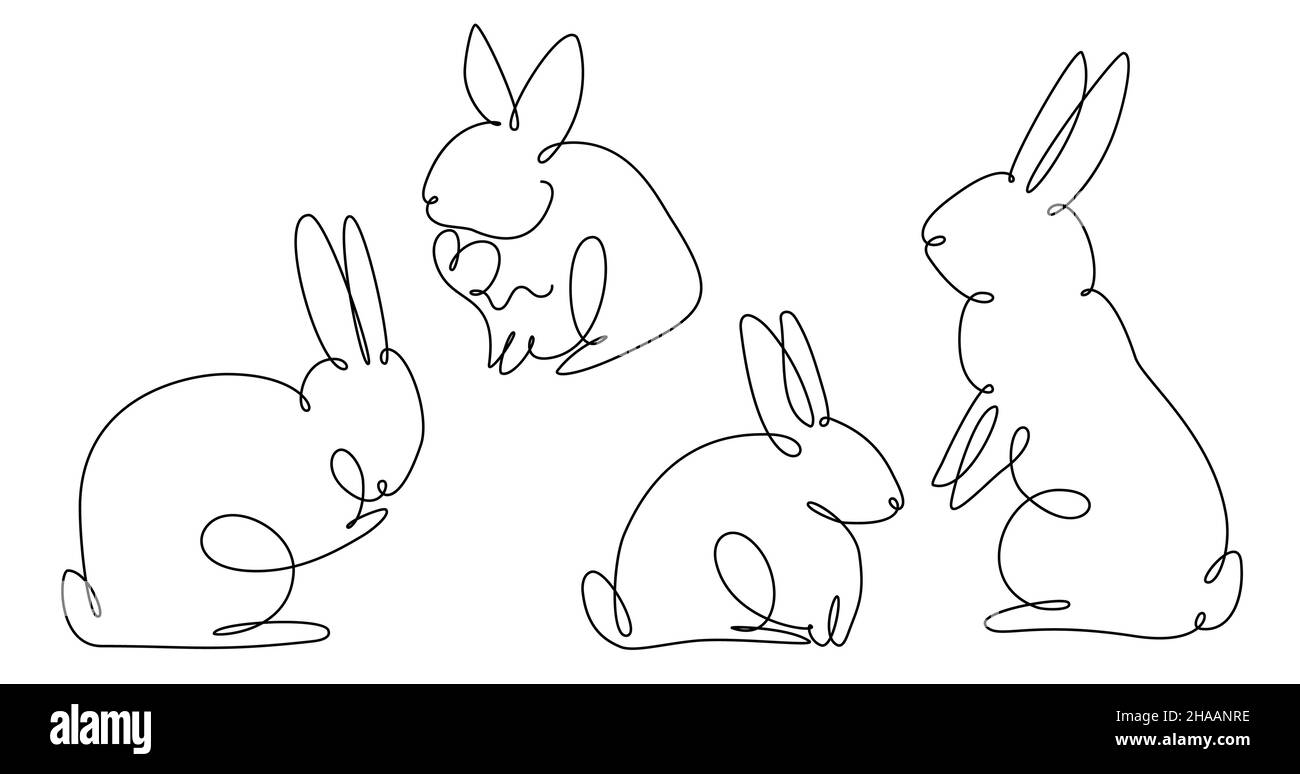Set di coniglietto pasquale disegno continuo a una linea. Immagine semplice coniglio. Illustrazione vettoriale minimalista. Illustrazione Vettoriale