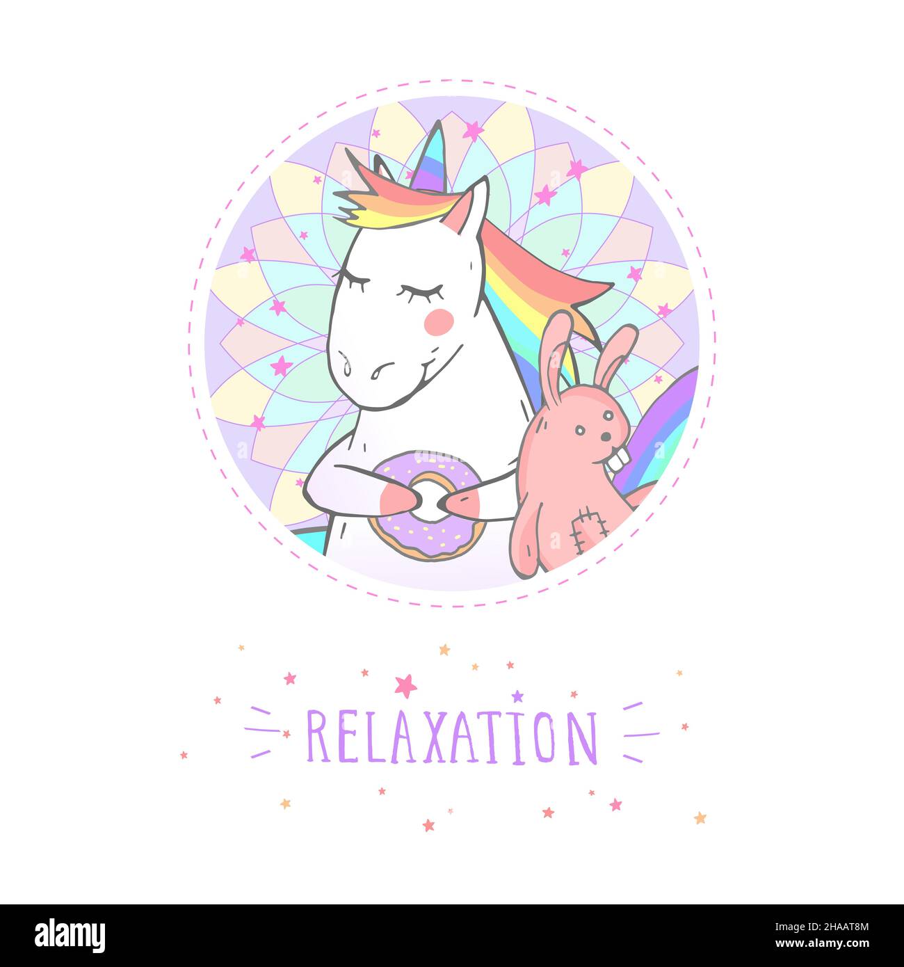 Adesivo vettoriale o icona con simpatico unicorno disegnato a mano, giocattolo coniglietto e testo - RILASSAMENTO con sfondo. Per il tuo design. Stile cartoon. Colorato. Illustrazione Vettoriale