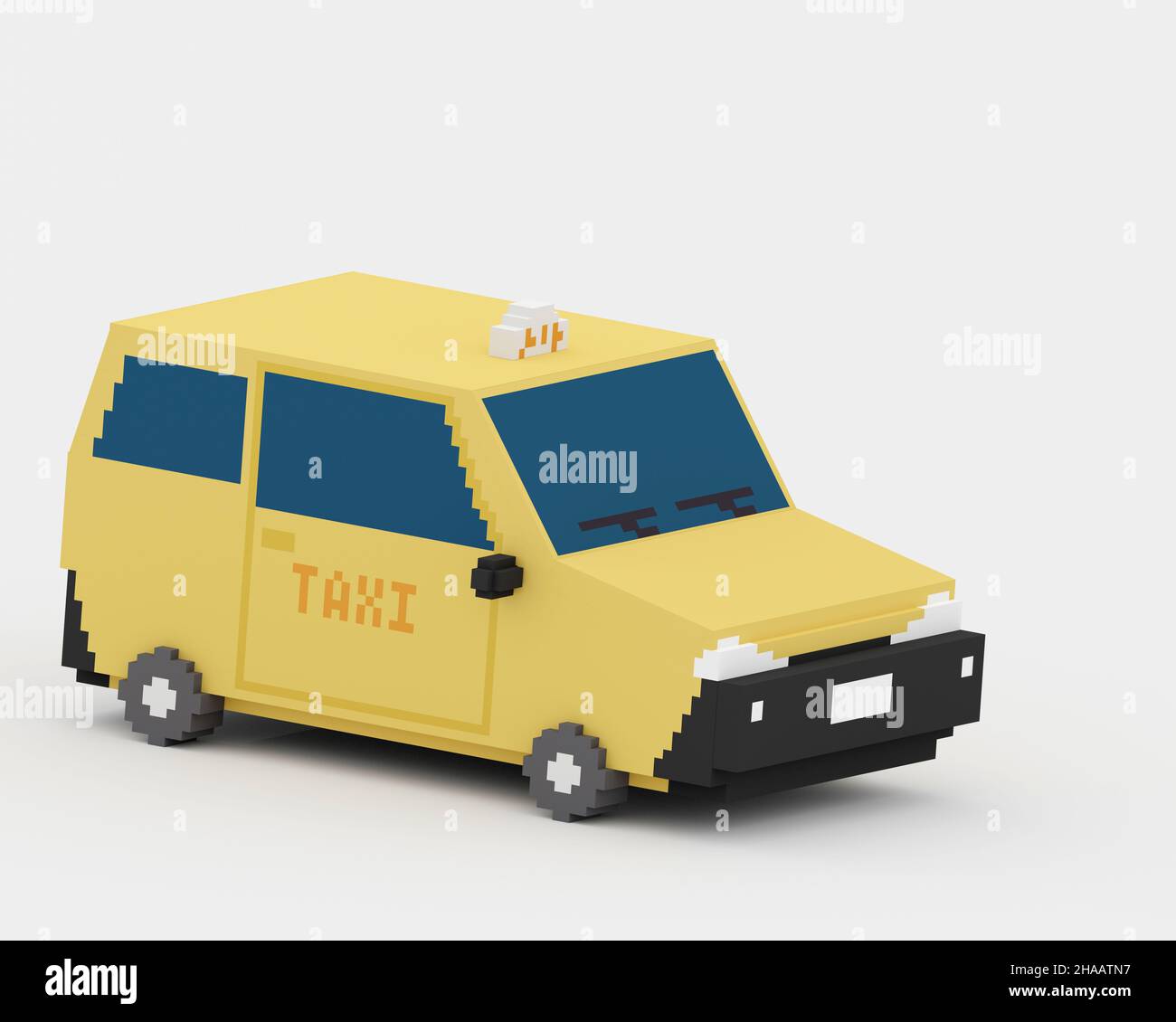 Taxi giallo, un'arte digitale di trasporto pubblico auto a Taipei, Taiwan isometric voxel raster 3D illustrazione resa su sfondo bianco. Foto Stock