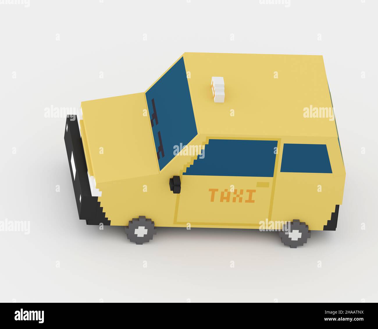 Taxi giallo, un'arte digitale di trasporto pubblico auto a Taipei, Taiwan isometric voxel raster 3D illustrazione resa su sfondo bianco. Foto Stock