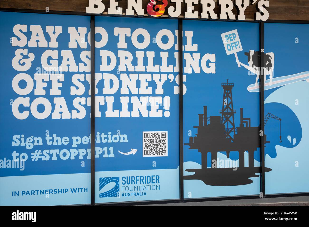 Sydney, grande poster incoraggia le obiezioni a PEP 11, un permesso di esplorazione petrolifera per la perforazione offshore del gas nel bacino di Sydney, associazione dei surfiders Foto Stock