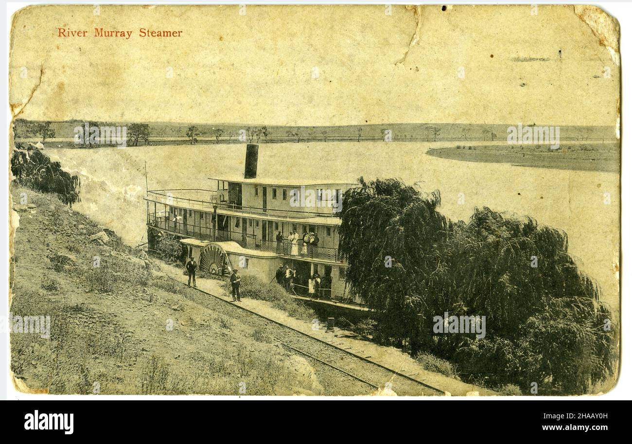 Cartolina che presenta una scena storica di un vaporetto River Murray, circa 1910 Foto Stock