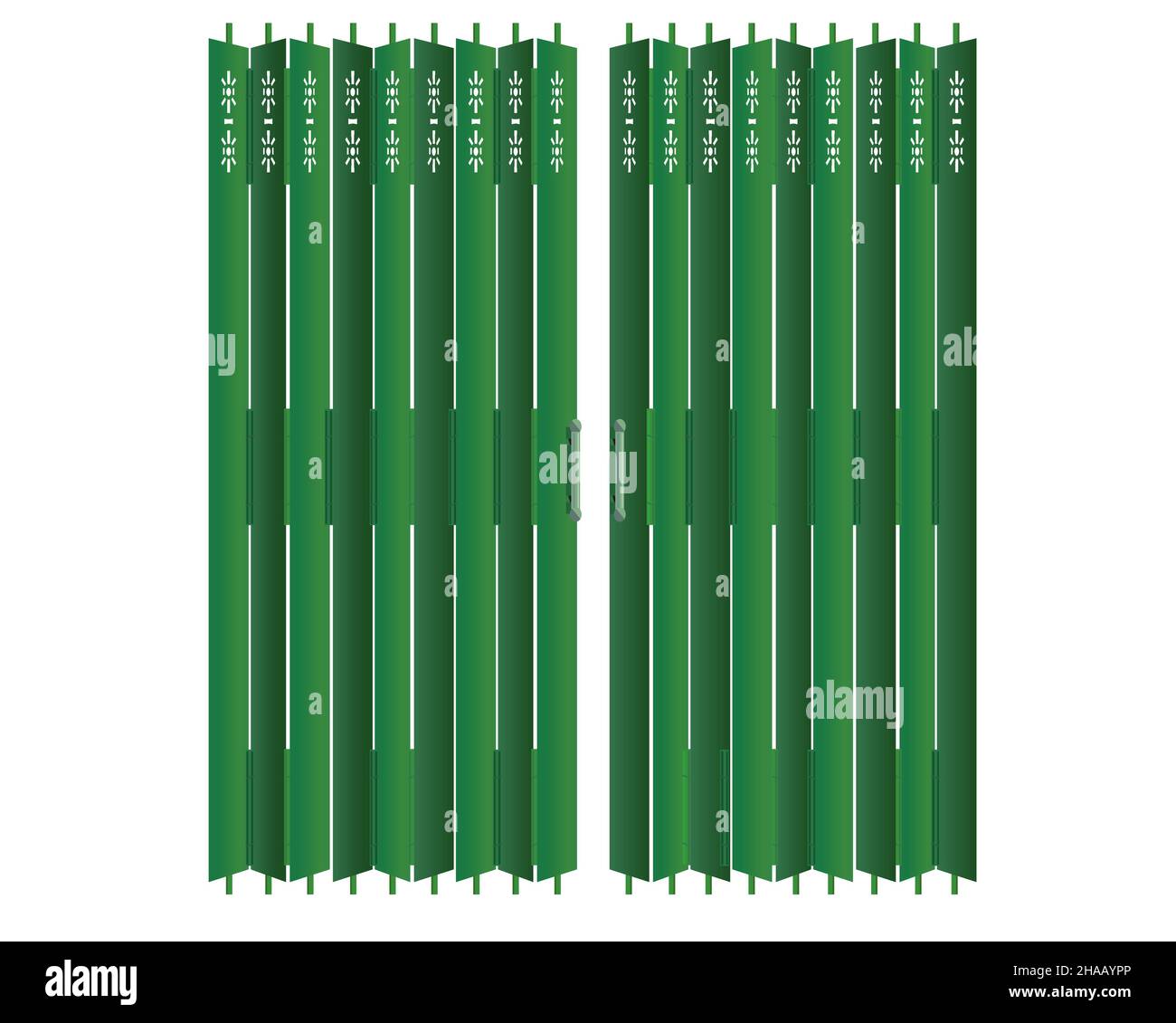 Il vettore isolato tradizionale Hong Kong retro stile negozio verde edificio frontale con design a porte mobili matel gate Illustrazione Vettoriale