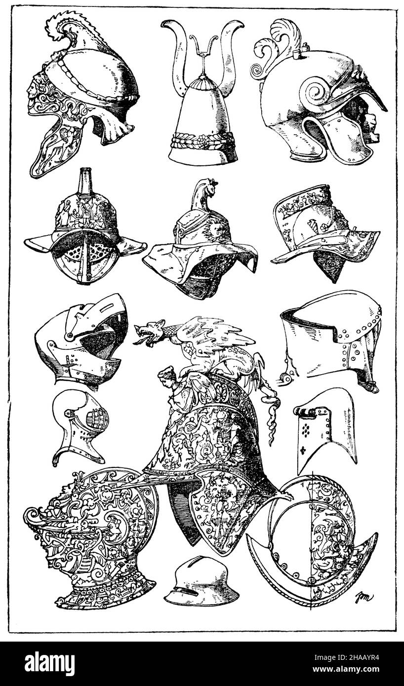 1st casco greco in bronzo. Collezione Campana. (L'art pour tous). 2. Casco etrusco in bronzo. Collezione Campana. (L'art pour tous). 3. Casco romano di bronzo. Louvre a Parigi. (Ménard et Sauvageot). 4th-6th Caschi gladiatori romani in vista diversa. Bronzo. (Ménard et Sauvageot). 7th casco medievale in ferro (salata). 8. casco medievale (heume) in ferro. (L'incisione a croce viene utilizzata per agganciare la catena del casco). 9. casco medievale o casco da torneo in ferro. 10. visiera medievale in ferro. 11. casco di chiusura medievale o casco di ruggine in ferro. 12. renaissanc Foto Stock