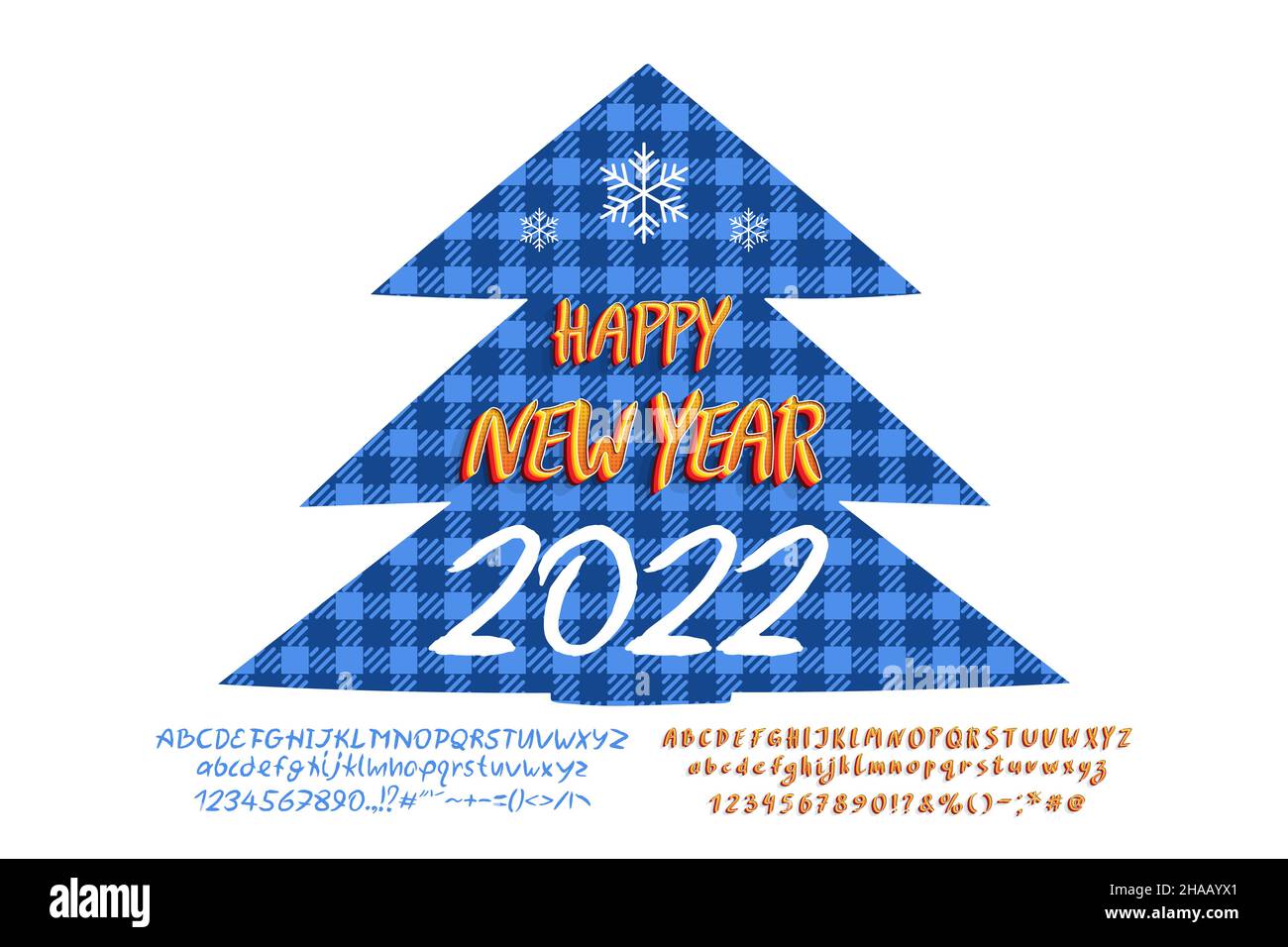 Albero di Natale con motivo plaid blu e testo felice anno nuovo 2022, decorazione di festa. Sono inclusi due set di font vettoriali. Illustrazione Vettoriale