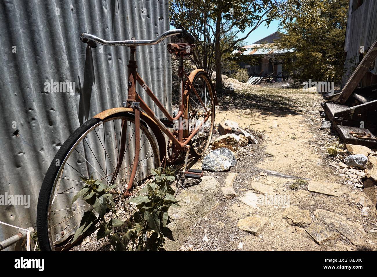 Abbandonata vecchia bicicletta appoggiata contro una baracca di stagno Foto Stock