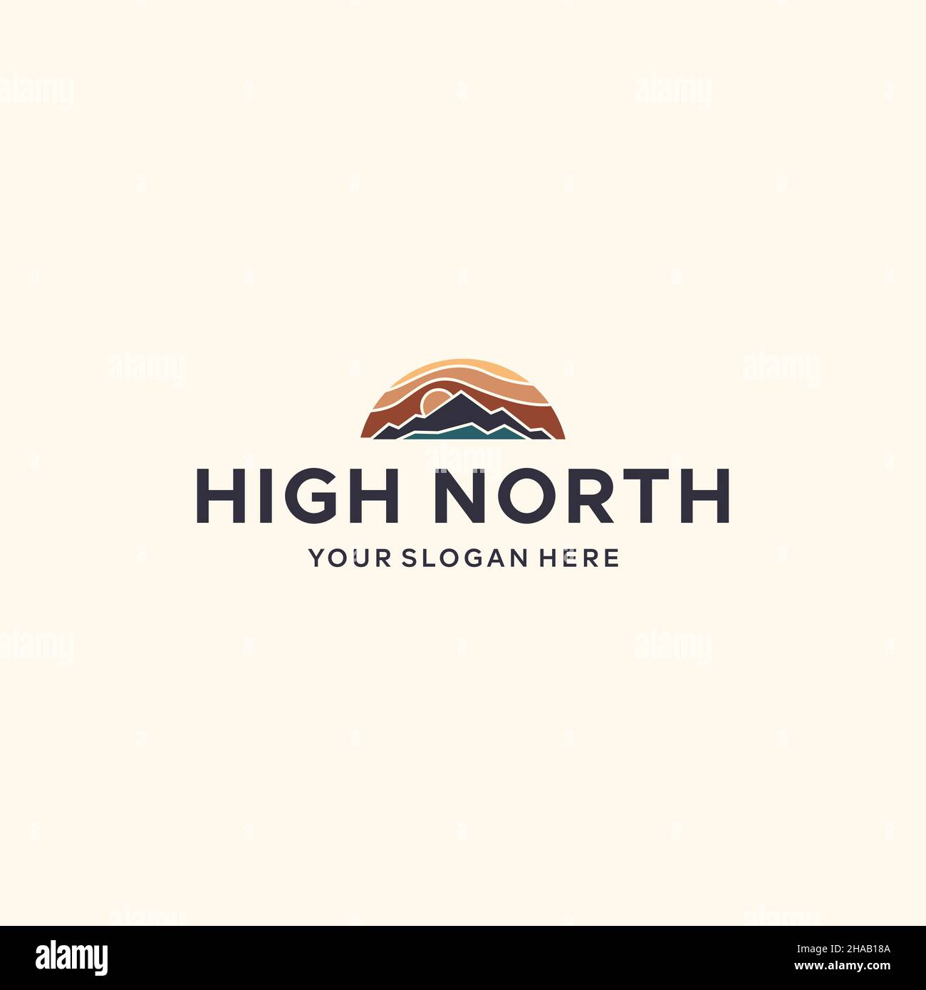 Alto e moderno DESIGN di NORTH Sunrise Mountain con logo Illustrazione Vettoriale