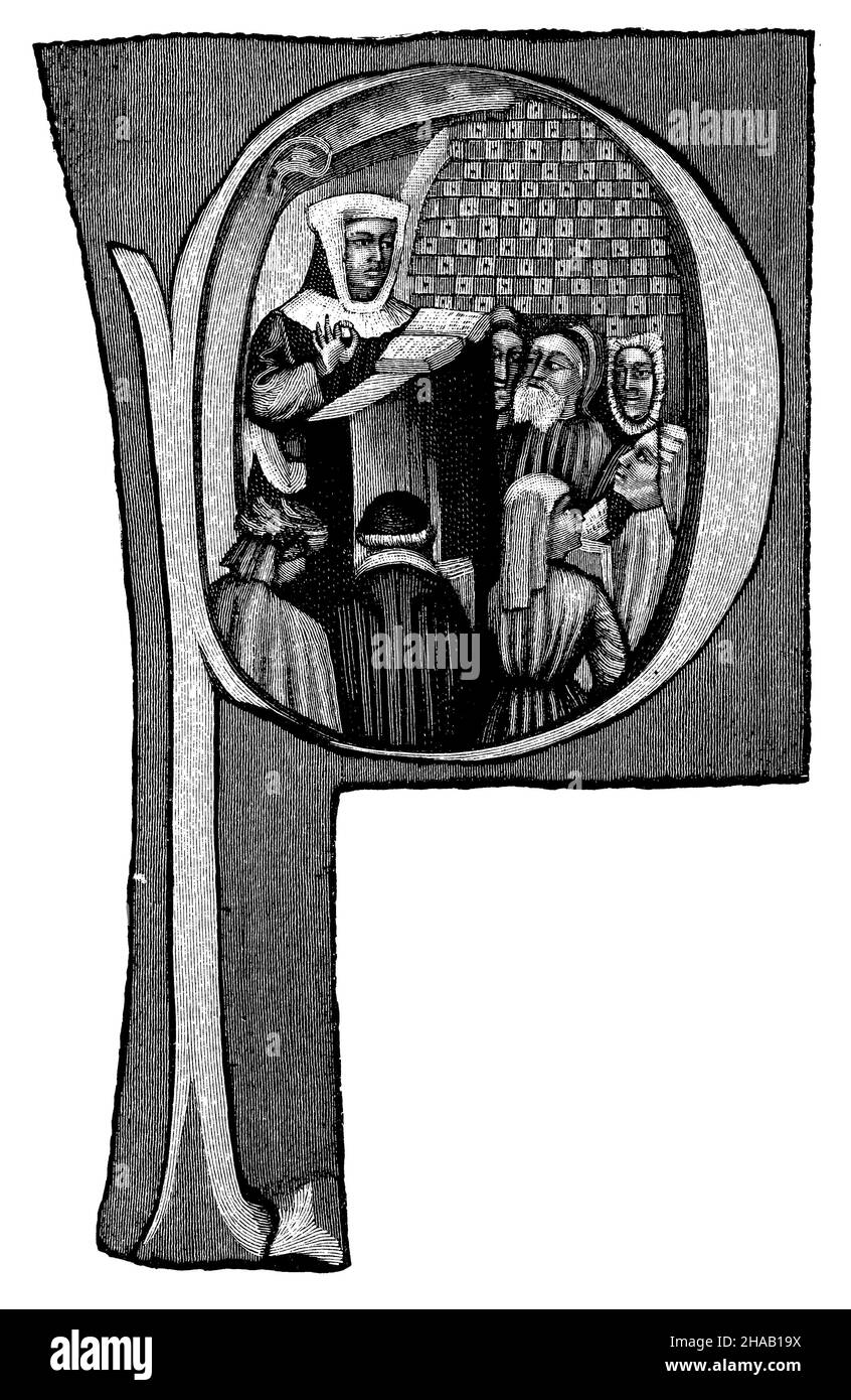 Lettera P con scena didattica, , (libro di storia letteraria, 1899), Buchstabe P mit Lehr-Szene Foto Stock
