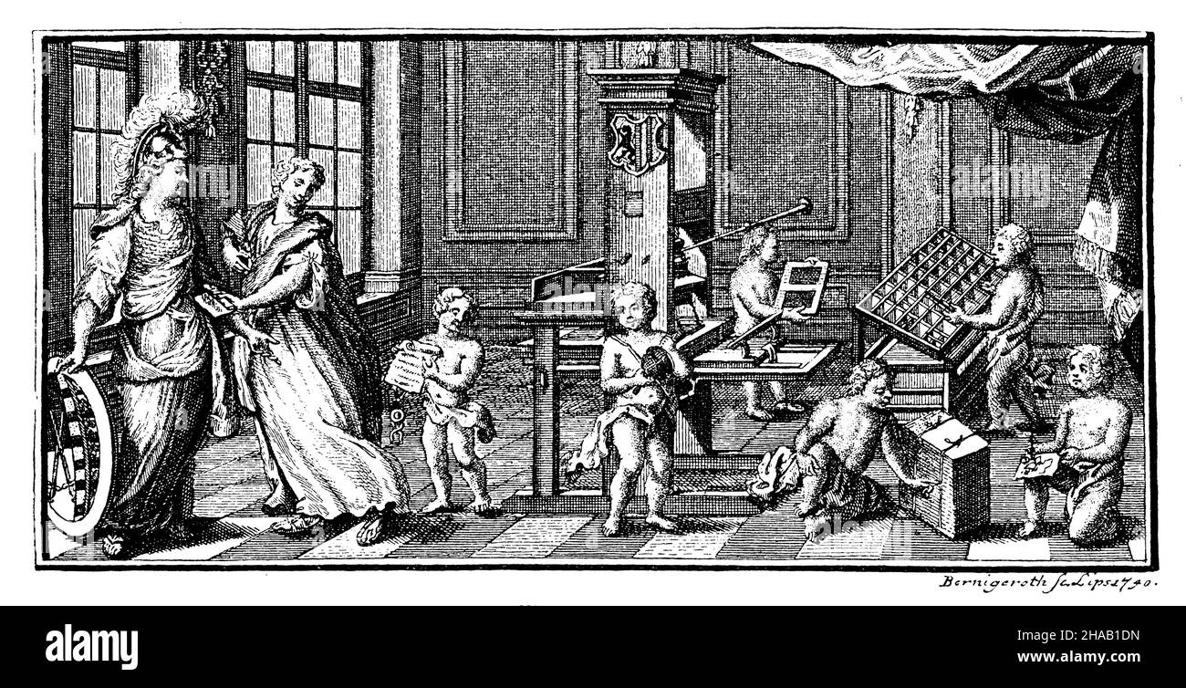 Tipografia a metà del 18th. Dopo un'incisione copperplate di Bernigeroth in un festschrift stampato nel 1740 da Bernhard Christoph Breitkopf a Lipsia per la terza celebrazione secolare dell'invenzione dell'arte della stampa letteraria: Origo et incrementa tipgraphiae Lipsiensis, , (libro di storia culturale, 1893), Buchdruckpresse in der Mitte des 18. Jahrhunderts. Nach einem Kupferstich von Bernigeroth in einer im Jahre 1740 von Bernhard Christoph Breitkopf in Leipzig gedruckten Festschrift zur dritten Säkularfeier der Erfinung der Buchdruckerkunst: Origo et in Foto Stock