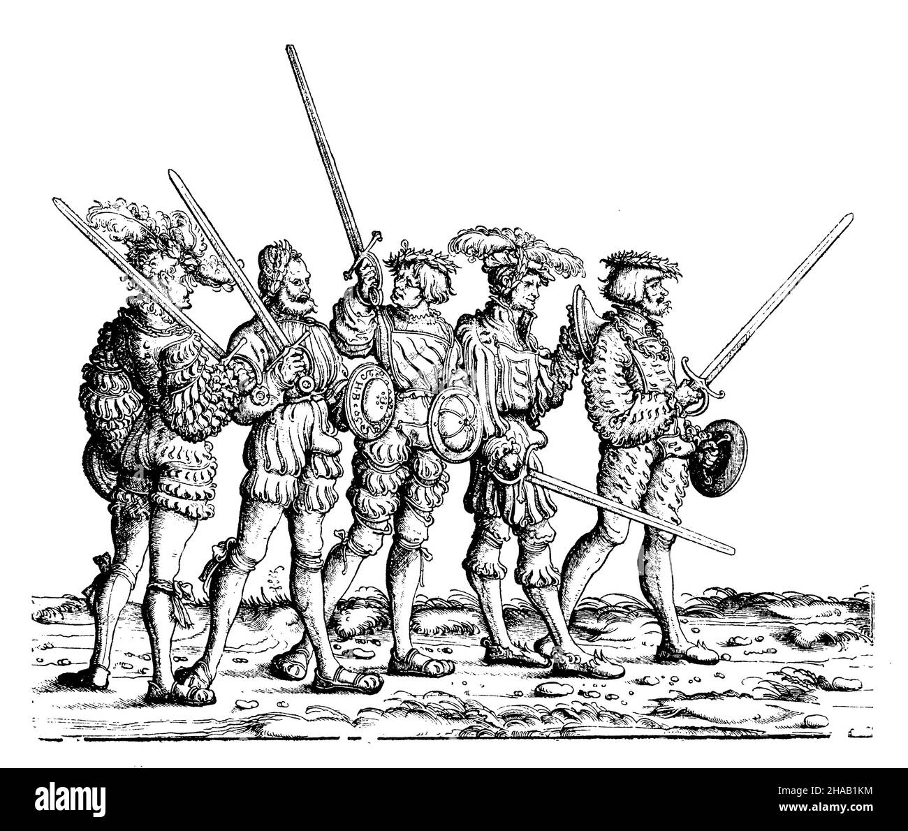 Gruppo di fencer nella processione trionfale dell'imperatore Massimiliano I. Facsimile dal taglio del legno di Hans Burgkmair, , Hans Burgkmair (libro di storia culturale, 1893), Gruppe von Fechtern in Kaiser Maximilians I. Triumphzug. Faksimile aus dem Holzschnittwerk von Hans Burgkmair Foto Stock
