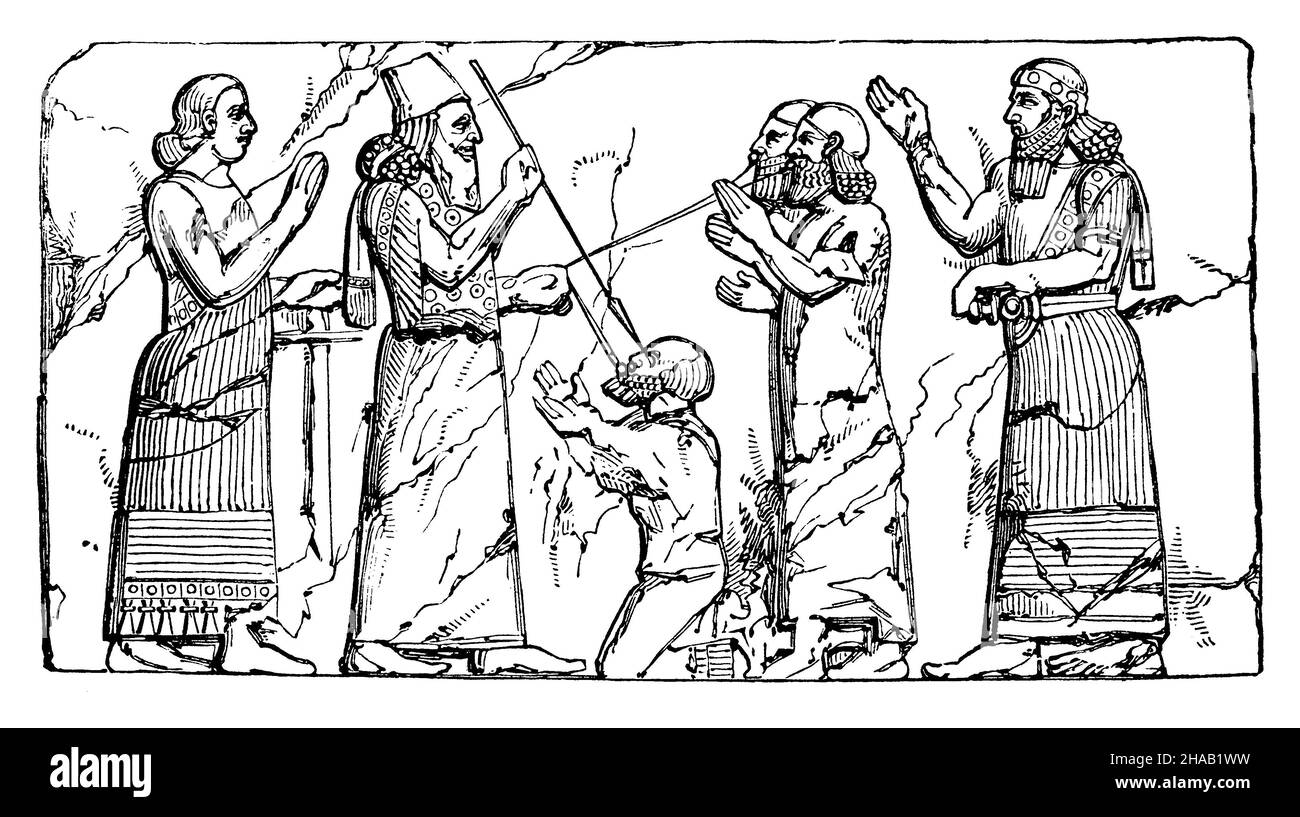 Un regnante assiro acceca un prigioniero. Dopo Botta, , (libro di storia della religione, 1885), Ein assyrischer Herrscher blendet einen Gefangenen. Botta Nach Foto Stock