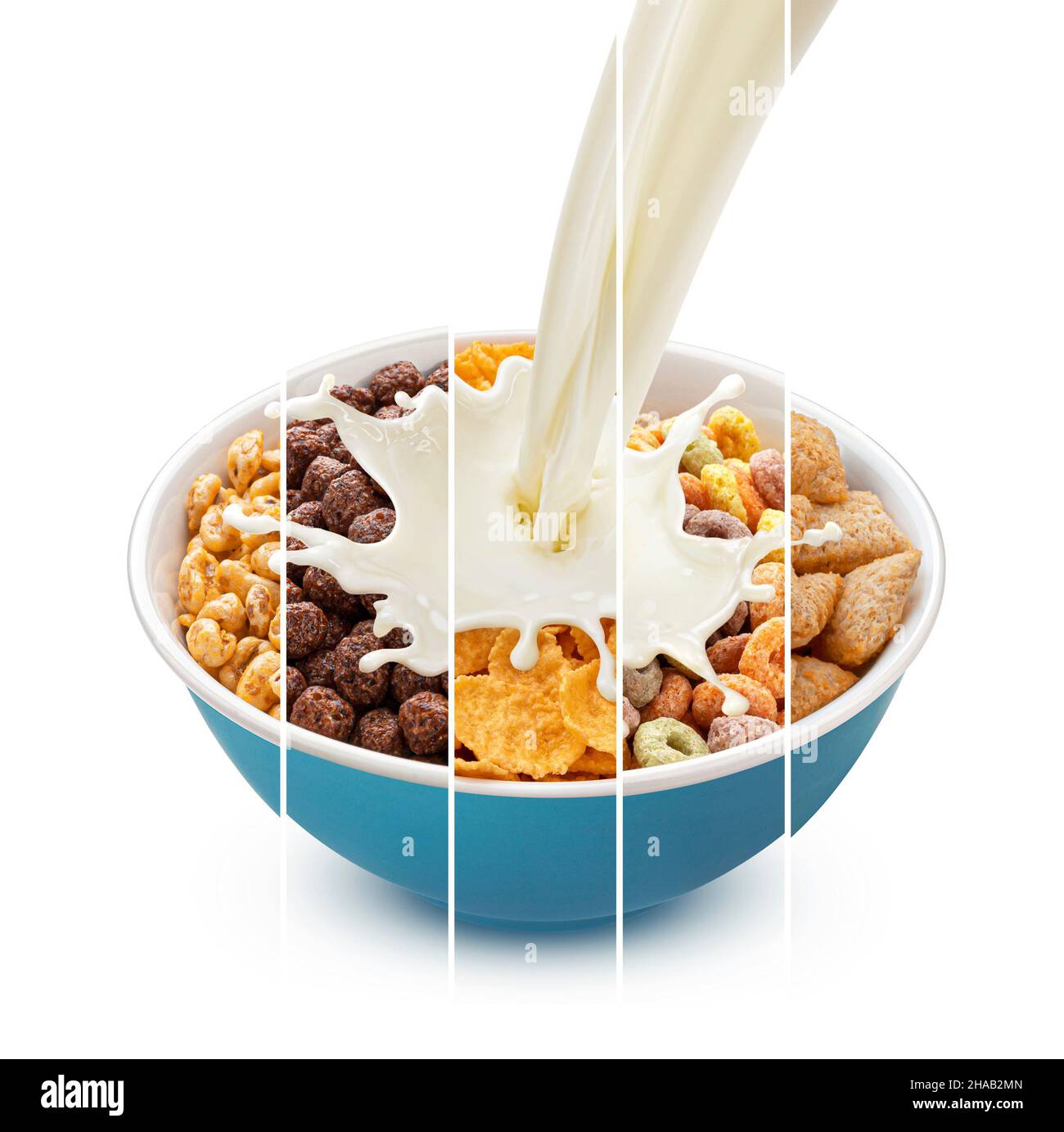 Collage per la colazione a base di cereali, granola e fiocchi di mais con latte in pezzatura Foto Stock