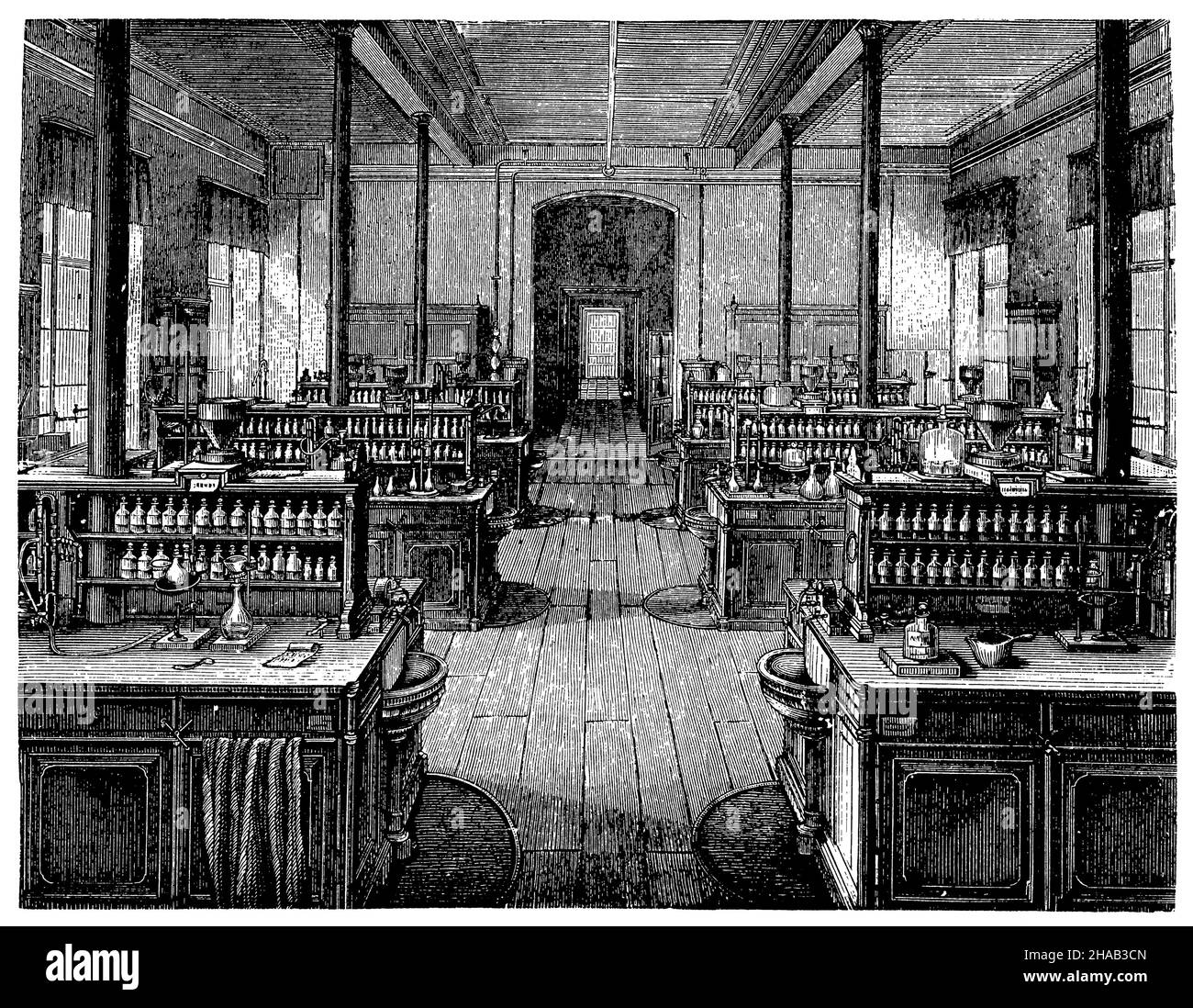 Vista di una sala di lavoro nel laboratorio chimico dell'Università di Lipsia, , (Enciclopedia, 1898), Ansicht eines Arbeitssaals im chemischen Laboratorium der Universtität Leipzig, Vue d'une salle de travail dans le laboratoire de chimie de l'Université de Leipzig Foto Stock