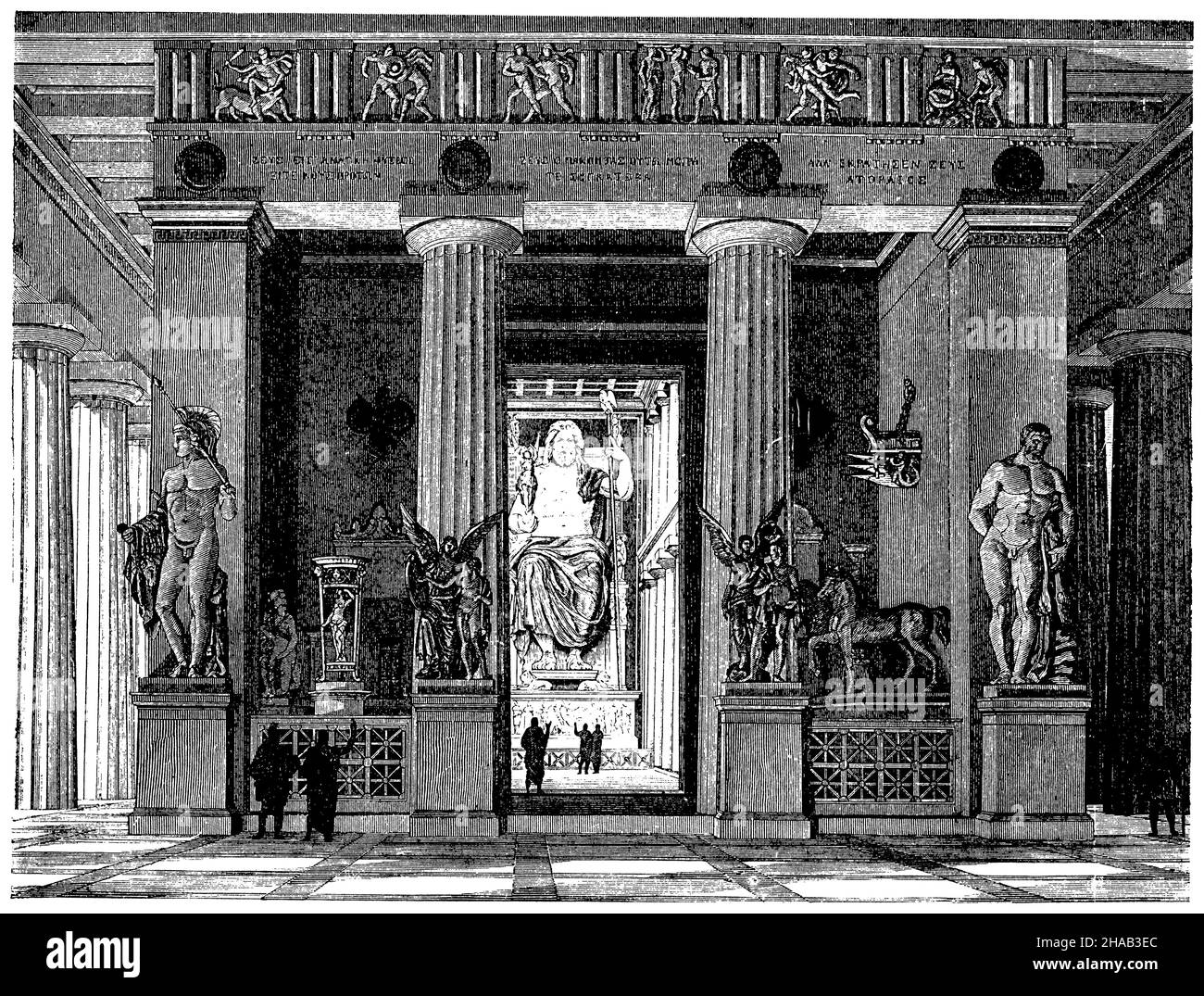 Interno del tempio di Zeus in Olympia con la colossale statua del dio sullo sfondo (ricostruzione), , (enciclopedia, 18), Das Innere vom Tempel des Zeus in Olympia mit der Kolossalstatuum des Gottes