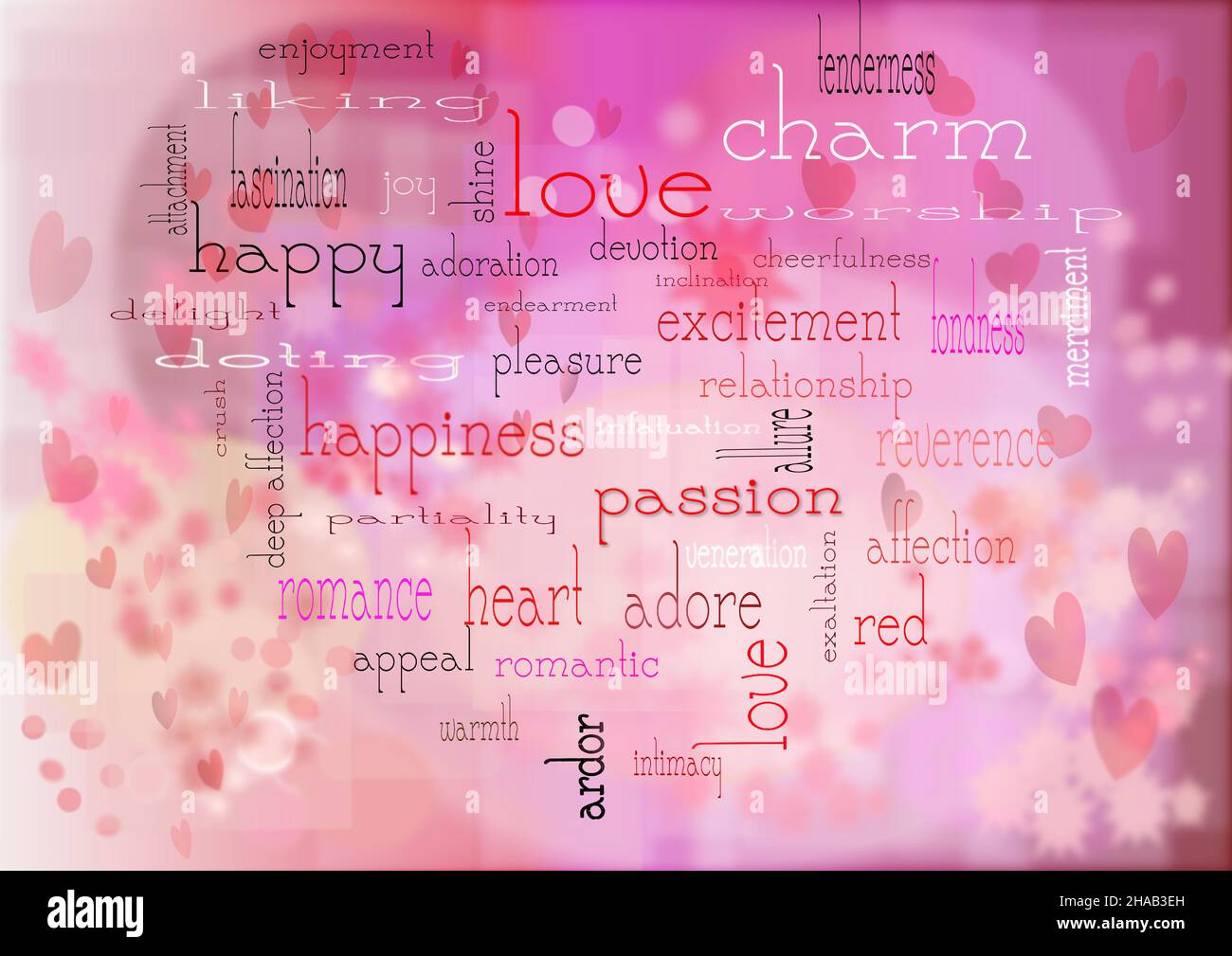 Pink Valentine's WordCloud. Tutte le parole relative all'amore e alle relazioni, come il cuore, l'amore, l'eccitazione sotto forma di cuore. Illustrazione Vettoriale