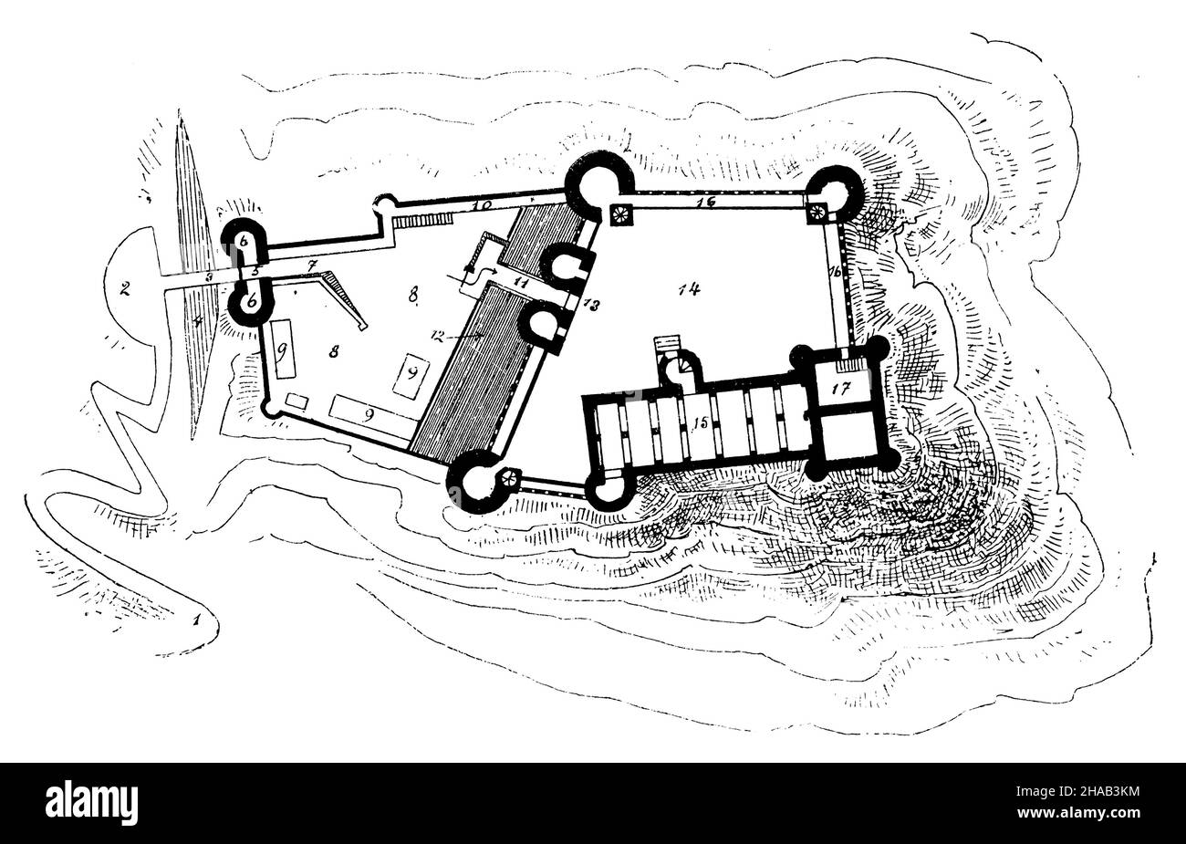 Tipo di castello: 1 modo per il castello, 2 armeria coperta, 3 ponte levatoio, 4 fossato, 5 portcullis, 6 torri di porta, 7 rampa, 8 cortile esterno del castello, 9 abitazioni dei servi, 10 merli, 11 ponte levatoio, 12 cancello interno del castello, 13 torre di difesa, 14 cortile interno del castello, 15 pallas, 16 merli, 17 torrione, , (encyclopedia, 1889), typus einer Burg: 1 Weg zur Burg, 2 gedeckter Waffenplatz, 3 Zugbrücke, 4 Graben, 5 Fallgatter, 6 Tortürme, 7 rampe, 8 äußerer Schloßhof, 9 Wohnungen der Dienstleute ec., 10 Wehrgang, 11 Zugbrücke, 12 inneres Burgtor, 13 Wehrturm, 14 Innerer Burghof, 15 Pallas, 16 Wehrgänge, 17 Foto Stock