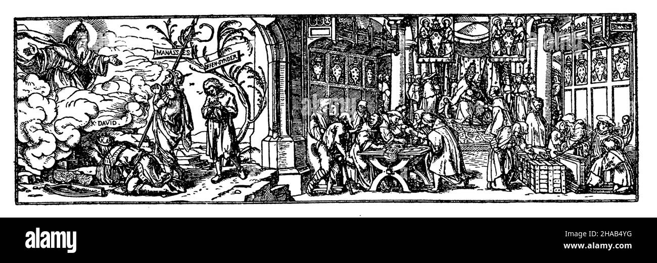 La vendita di indulgenze, , Holbein, Hans (libro di storia religiosa, 1923), Der Ablasshandel. Nach einem Holzschnitt von Hans Holbein, le commerce des indulgences. D'après une gravure sur bois de Hans Holbein Foto Stock