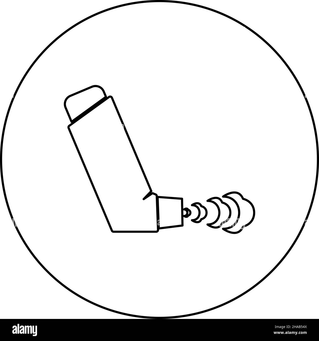 Inalatore a mano spray per trattamento asma tosse rilievo concetto inalazione allergico paziente icona in cerchio rotondo nero immagine vettoriale di colore Illustrazione Vettoriale