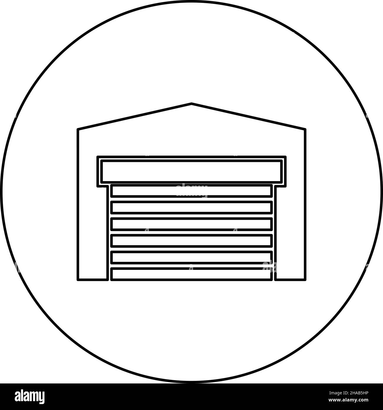Porta garage per auto Roller shutter hangar magazzino icona in cerchio rotondo nero colore vettoriale immagine contorno linea sottile stile semplice Illustrazione Vettoriale