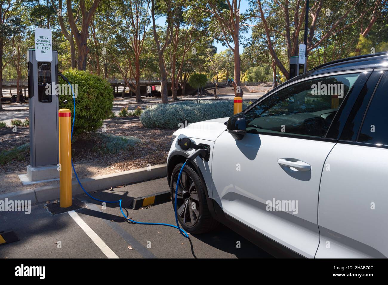Un veicolo elettrico (EV) viene ricaricato in un parcheggio a Sydney, Australia presso la Macquarie University. Ricarica dell'auto EV Foto Stock