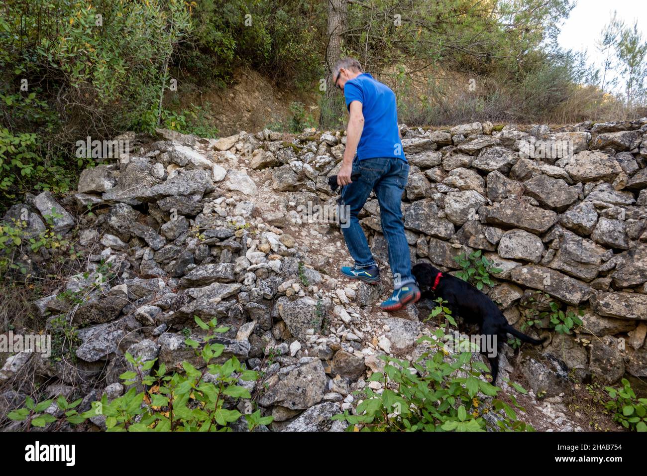 Uomo che cammina in salita con il suo cane vicino a Cessenon sur Orb, Francia Foto Stock