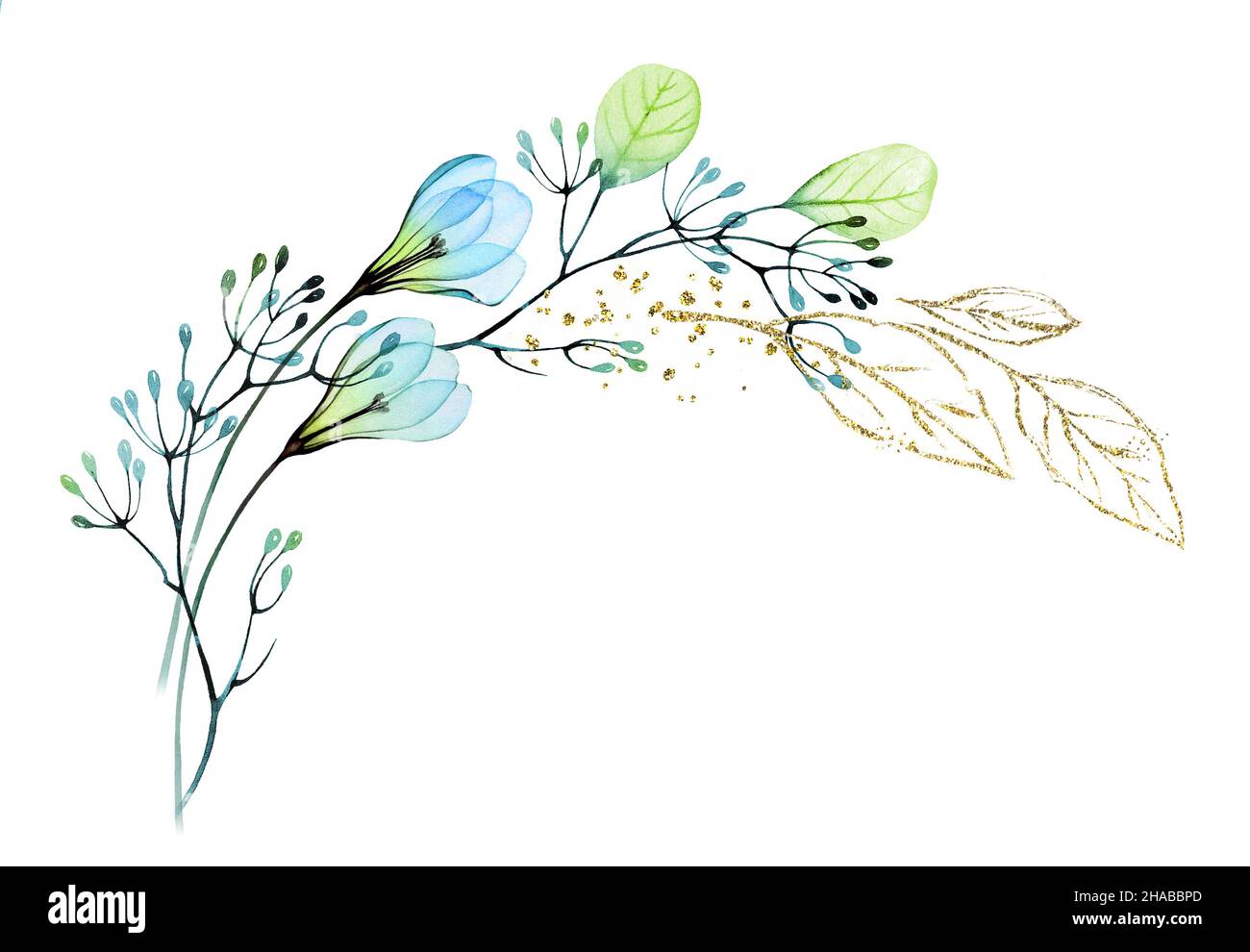 Arco ad acquerello con glitter dorata e fiori blu. Banner astratto con fiori trasparenti e lamina lucida. Sfondo floreale botanico per il moderno Foto Stock
