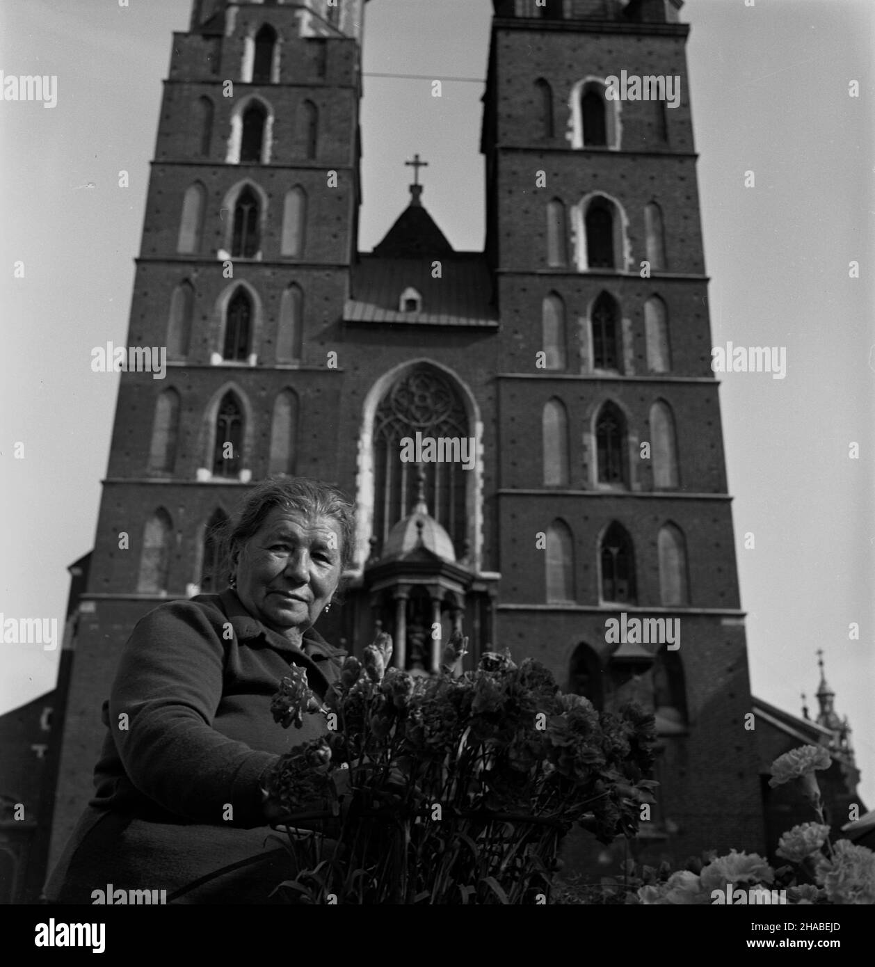 Kraków, 1964-10. Maria Cebulowa, kwiaciarka krakowska na Rynku G³ównym. W tle fasada Koœcio³a Mariackiego. PAP/Andrzej Piotrowski mb Dok³adny dzieñ wydarzenia nieustalony. Cracovia, 1964 ottobre. Maria Cebulowa, una donna fiorita, sulla piazza del mercato di Cracovia. Sullo sfondo la facciata della Chiesa di Mariacki. PAP/Andrzej Piotrowski mb Foto Stock