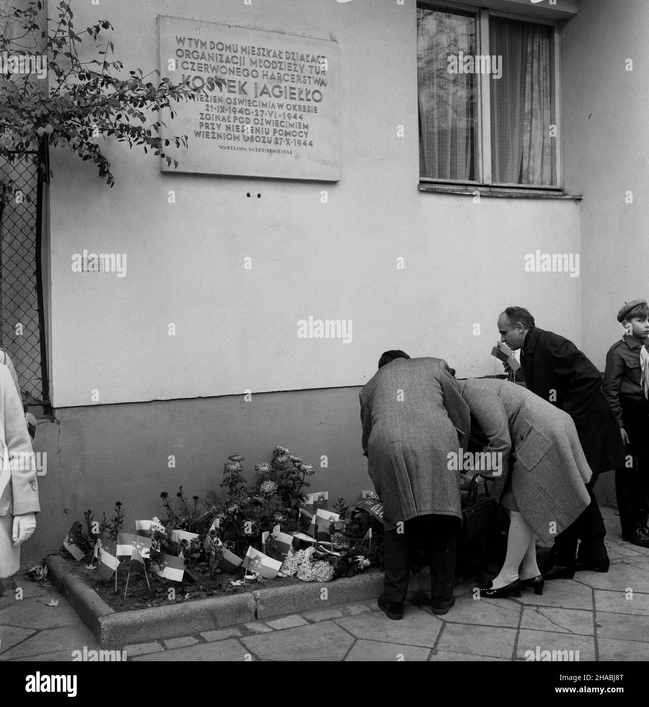 Warszawa, 1969-10-27. 25 rocznica œmierci Konstantego Jagie³³y ps. Kostek, by³ego wiêŸnia oœwiêcimskiego, dzia³acza Towarzystwa Uniwersytetu Robotniczego (TUR) i Czerwonego Harcerstwa. Przed tablic¹ pami¹tkow¹ na domu przy ulicy Krasiñskiego 18, w którym mieszka³, odby³a siê uroczystoœæ z³o¿enia wieñców. Kwiaty sk³ada³y delegacje: Zak³adu Historii Partii przy KC PZPR, Zarz¹du Okrêgu Warszawskiego Zwi¹zku Bojowników o Wolnoœæ i Demokracjê (ZBoWiD) oraz Ogólnopolskiego Komitetu Wspó³pracy Organizacji M³odzie¿owych. Ad PAP/Mariusz Szyperko Varsavia, 27 ottobre 1969. Il 25th anniversario di K. Foto Stock