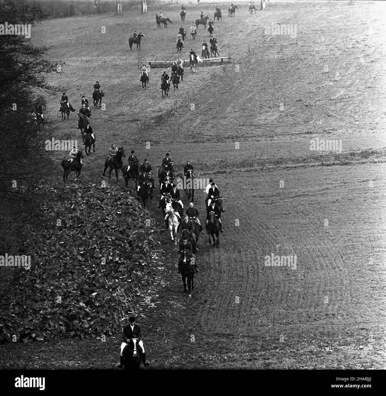 Starogard Gdañski, 1969-10-29. W dniach 28 i 29 paŸdziernika w Pañstwowym Stadzie Ogierów (PSO) Starogard odby³a siê sprzeda¿ aukcyjna koni. W pierwszym dniu aukcji prezentacji koni prznacych na sprzeda¿ towarzyszy³y pokazy zabytkowych powozów oraz jeŸdŸców z RÓ¿nych epok historycznych. W drugim dniu zorganizowano bieg myœliwski, tak zwan¹ pogoñ za lisem, w której uczestniczy³o ponad 40 jeŸdŸców; reszta goœci obserwowa³a bieg z powozów. Ad PAP/Janusz Uklejewski Starogard Gdanski, 29 ottobre 1969. Il 28 e 29 ottobre 1969 si tenne un'asta di stallone presso lo Stallion Stud in Foto Stock
