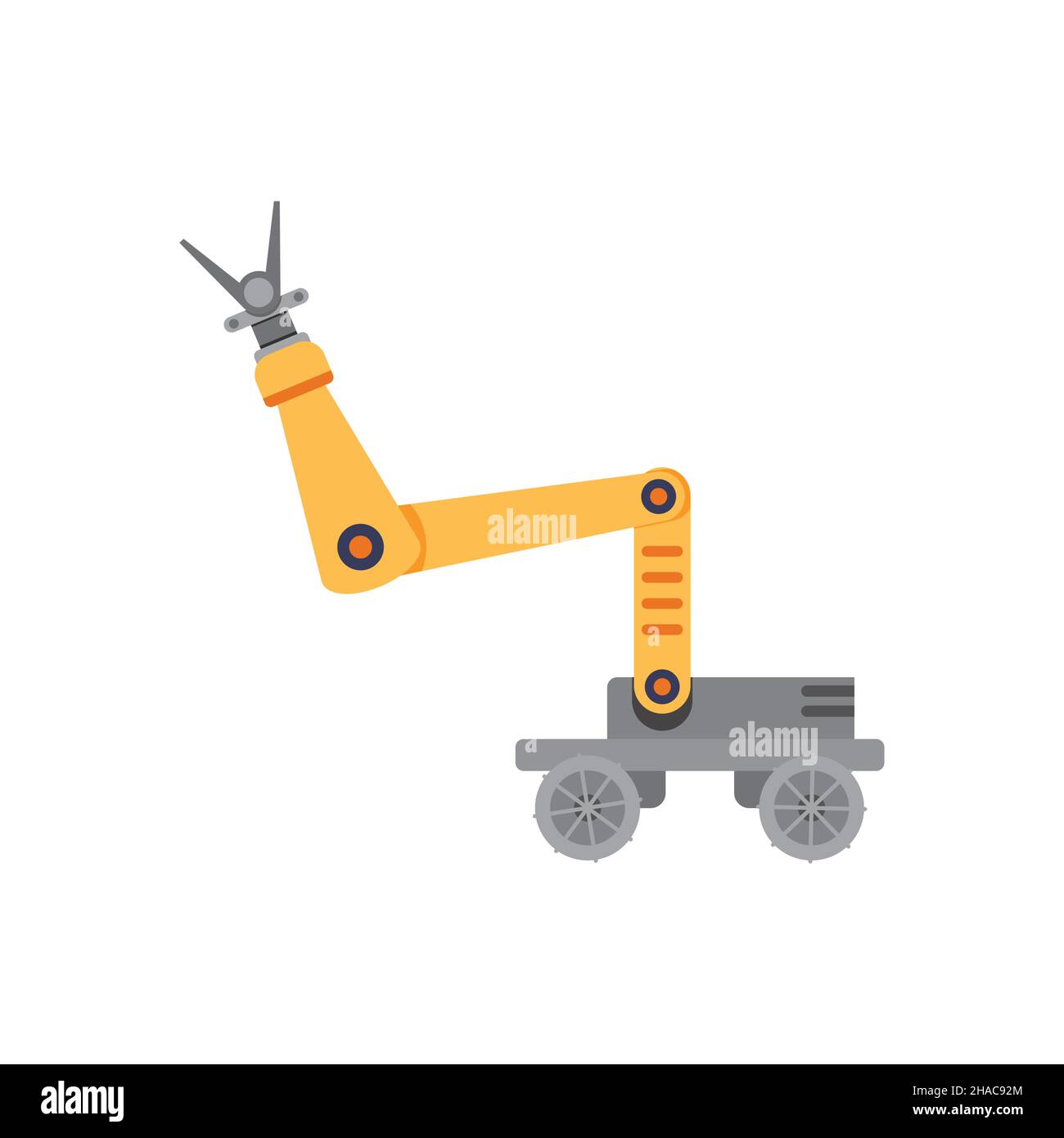 Robot con mano meccanica per lavorare automaticamente. Immagine del meccanismo meccanico delle mani. Tecnologia per macchine manuali in acciaio vettoriale, braccio per produttori Illustrazione Vettoriale