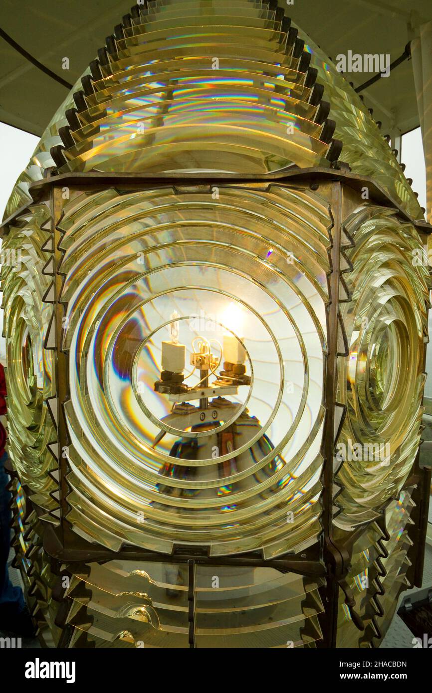 Fresnel Lens all'interno del faro di Cape Blanco Foto Stock