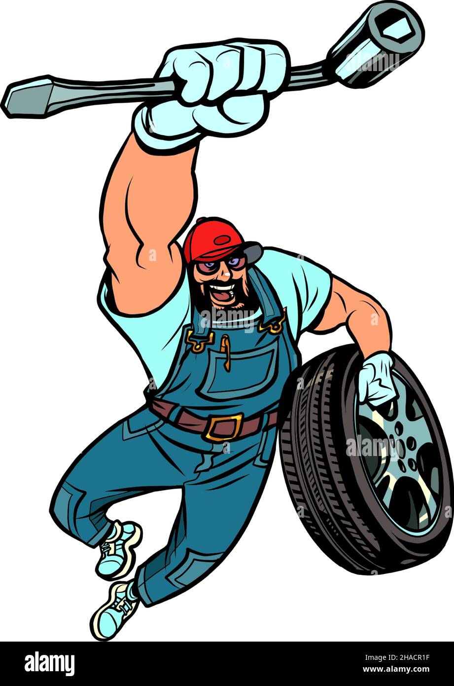 sostituzione ruota per auto meccanica con chiave, servizio di riparazione specializzato Illustrazione Vettoriale