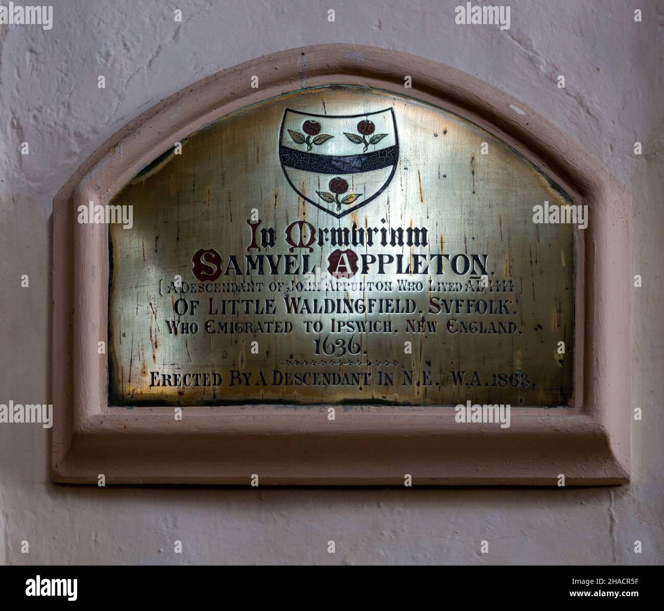 Memorial a Samuel Appleton emigrante in New England 1636, Little Waldingfield Church, Suffolk, Inghilterra, Regno Unito Foto Stock